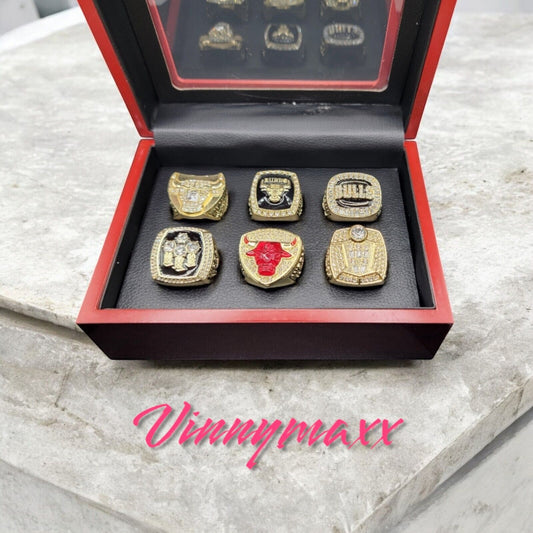 6 Pcs Chicago Bulls Michael Jordan HOF Championship Ring Set with Case